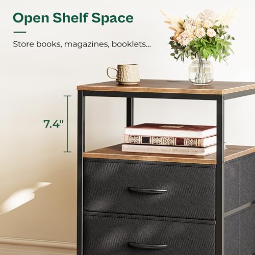 Huuger Night Stand with Charger Station, 27.7 Inch Tall Nightstand, Bed Side Table with 2 Fabric Drawers, Fabric Drawer Dresser for Bedroom, Living Room, Rustic Brown and Black - color: Rustic Brown and Black, size: 11.8"d X 17.7"w X 27.7"h (2 Drawers)