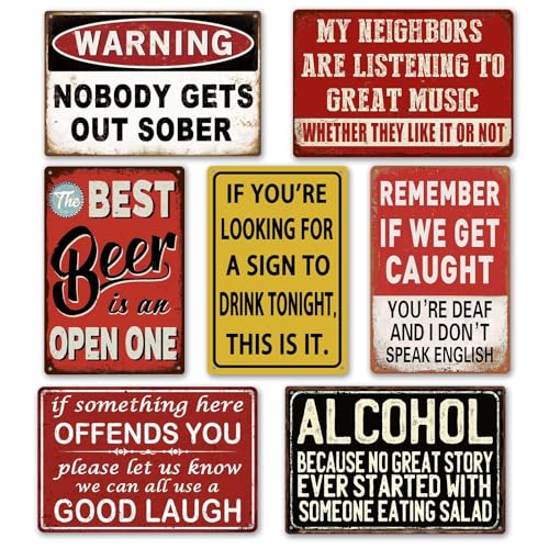 Funny Bar Signs for Home Bar Wall Decor - 7 Piece Set Vintage Garage Metal Signs, Man Cave Decor for Men, Personalized Basement Bar Accessories & Outdoor Decorations (8×12 Inch) - Housewarming Gifts - color: BarSign