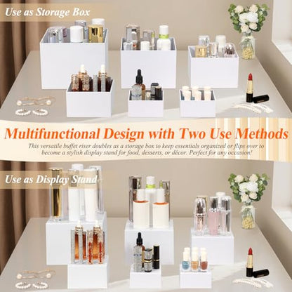 6 Pcs White Acrylic Buffet Risers with Mini Sign and Maker, Food Display Stands for Buffet Table Party Catering Dessert Jewelry Collectibles,Nesting Cube Boxes with Hollow Bottoms (8",7",6",5",4",4") - color: 8" 7" 6" 5" 4" 4"
