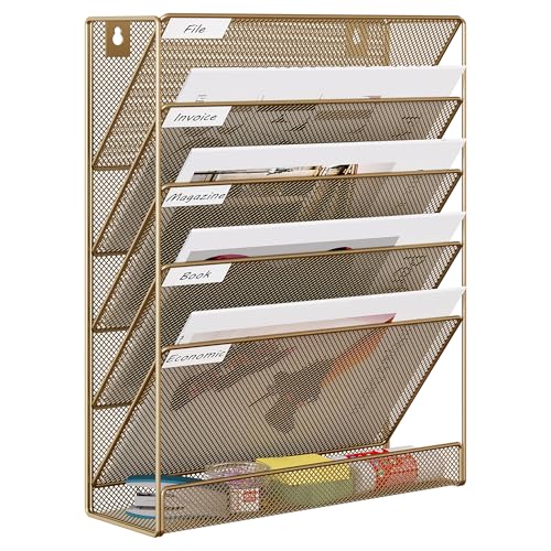EasyPAG 5 Tier Wall File Holder, Mesh Hanging Folder Organizer with Classify Label, Versatile Desk File Holder, Vertical Wall Mounted Mail Organizer for Office Home Cubicle, Gold - color: Gold