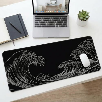 Large Gaming Mouse Pad 31.5x11.8 inch, 3mm Thick Non-Slip Rubber Base with Stitched Edges, Japanese Wave Style Desk Mat for Office, Home, Game