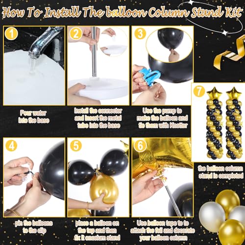 Gejoy 110 Pcs Black Gold Balloons Column Stand Kit Adjustable Tower Stand from 1.4 to 6.6 ft with Bases for Back to School Wedding Birthday Baby Shower Party - color: Black Gold