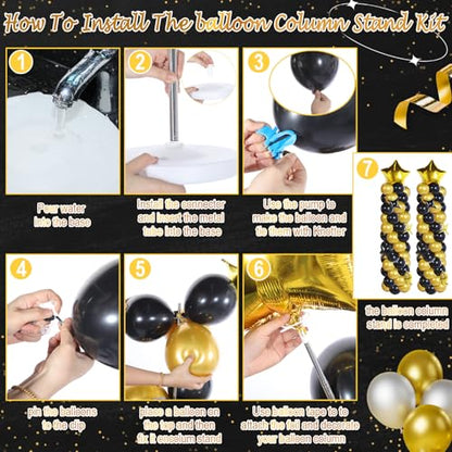 Gejoy 110 Pcs Black Gold Balloons Column Stand Kit Adjustable Tower Stand from 1.4 to 6.6 ft with Bases for Back to School Wedding Birthday Baby Shower Party - color: Black Gold