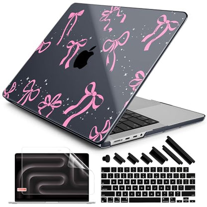 DONGKE Case for MacBook Pro 14 Inch (2026-2021 Release, M5 M4 M3 M2 M1 Pro/Max Chip), Plastic Slim Hard Shell Protective Cover with Keyboard Cover & Screen Protector, Bows & Stars - color: Bows & Stars