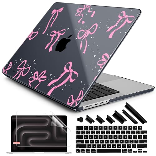 DONGKE Case for MacBook Pro 14 Inch (2026-2021 Release, M5 M4 M3 M2 M1 Pro/Max Chip), Plastic Slim Hard Shell Protective Cover with Keyboard Cover & Screen Protector, Bows & Stars - color: Bows & Stars