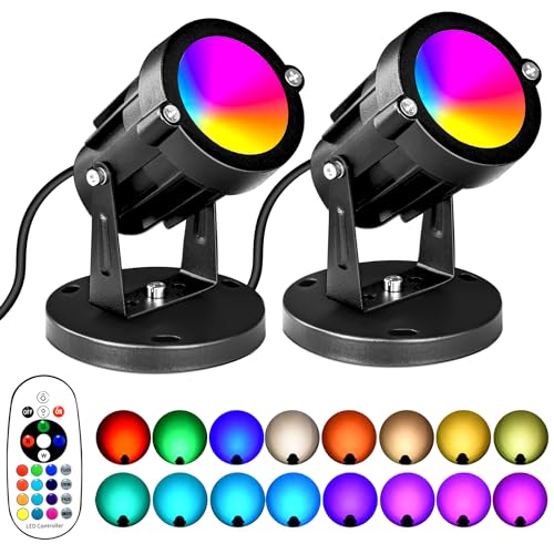 5W RGBW Landscape Lights, 16 Color Changing Spotlight 110V 120V Outdoor Landscape Lighting with Remote for Yard Garden Pathway(2 Pack with Base and Stake)