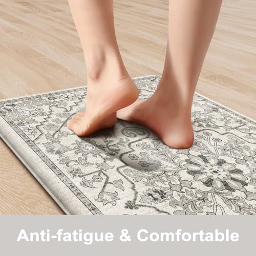 KIMODE Anti Fatigue Kitchen Mat, Cushioned Boho Kitchen Runner, Non Slip Farmhouse Kitchen Mat for Floor, Waterproof Standing Desk Mat for Laundry, Office, Sink Grey 17.3"x59" - color: Light Grey/Multi, size: 59"L x 17.3"W x 0.5"Th