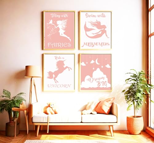 Play With Fairies Ride A Unicorn Swim With Mermaids Dream Big Quotes for Girl's Bedroom Empowerment, Nursery Wonder, Playroom Adventure, Birthday Party Pink Room Accent, Young Dreamer Surprises, Birthday Magic Gifts - 8x10 Unframed Glossy Print Set - styl