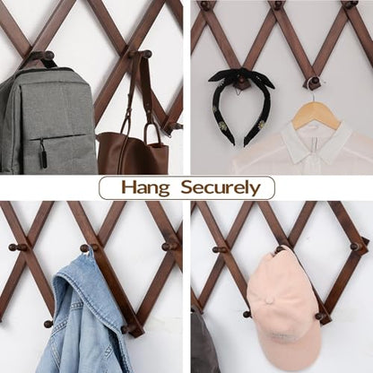 SCUNDA Wall Rack with 10 Hooks, Wooden Wall Expandable Coat Rack for Coat, Hats, Baseball Caps, Coffee Mug, Jewelry(Brown) - color: Brown, size: 10 Hooks