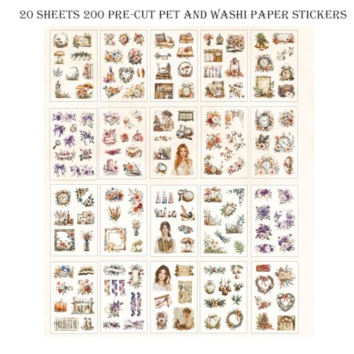 Scrapbooking Stickers 20 Sheets Pre-Cut 200 washi Stickers PET People Sticker Books for journaling Scrapbook Supplies Flower Transparent Journal Sticker - color: Beige