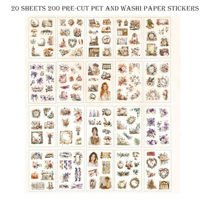 Scrapbooking Stickers 20 Sheets Pre-Cut 200 washi Stickers PET People Sticker Books for journaling Scrapbook Supplies Flower Transparent Journal Sticker - color: Beige