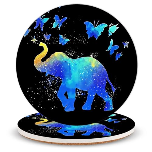 Elephant Ceramic Coasters of 2 with Cork Backing Absorbent Cup Coaster | Non-Slip Coasters for Drinks and Coffee Table Office Desk Home Decor,Gifts for Elephant Lovers, Mom, Animal Fansfor Women Men - color: Elephant
