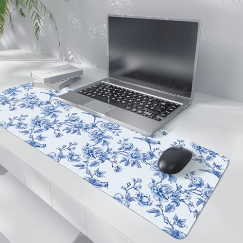 Navy Blue Chinoiserie Mouse Pad,Vintage Blue and White Floral Desk Mat,XL Large Flowers and Birds Preppy Mouse Pad,Girly Laptop Desk Mat for Dorm Home Office,31.5x11.8 Inch - color: XL Navy blue Floral