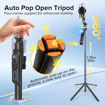 72'' Auto Face Tracking Selfie Stick Tripod Stand, Auto-Open 360° Rotatable Travel Four-Legged Stand for iPhone/Android with Remote, Gesture Control, No App for Vlogging, TK