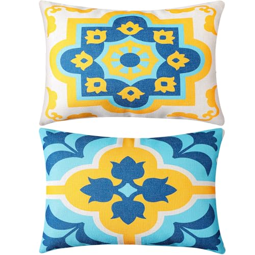Juexica 2 Pack Chaise Lounge Pillow with Strap Outdoor Waterproof Beach Chair Neck Headrest Pillow Adjustable Elastic Band for Hammock Lumbar Recliner Pillows for Patio Pool Chair(Boho Blue Flower) - style: Boho Blue Flower