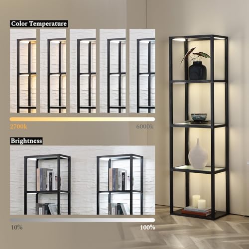 Glass Display Shelf with Remote/APP Control, Curio Cabinet for Collectibles with Light, Modern Shelf Floor Lamp with Adjustable Color Temps for Living Room, Bedroom