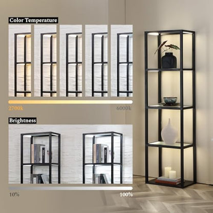 Glass Display Shelf with Remote/APP Control, Curio Cabinet for Collectibles with Light, Modern Shelf Floor Lamp with Adjustable Color Temps for Living Room, Bedroom