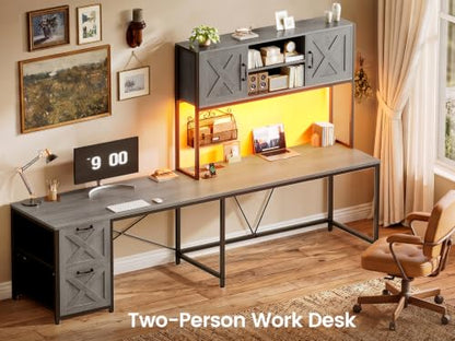 SEDETA L Shaped Gaming Desk, Reversible 86.6" Computer Desk with Fabric Drawers and Power Outlet, Gaming Desk with Led Lights, Hutch and Storage for Home Office, Light Gray - color: Light Gray