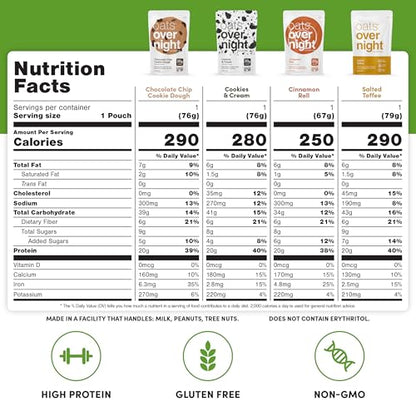 Oats Overnight Dessert Variety Pack - High Protein, High Fiber Breakfast Protein Shake - Gluten Free, Non GMO Protein Oatmeal - Salted Toffee, Chocolate Satin Pie & More (8 Pack + Shaker Bottle) - size: 2.6 Ounce (Pack of 9)