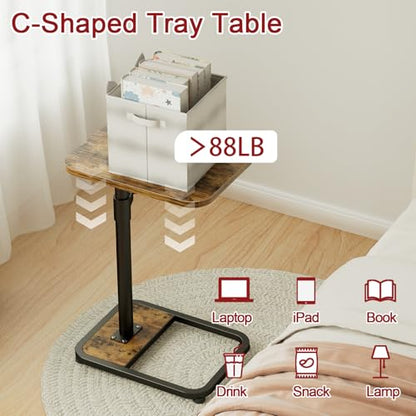 GOYLSER C-Shaped Tables Small Swivel End Table, Height Adjustable Side Tables Living Room, Rotating Snack Couch Wooden Tv Trays for Eating On Couch, Rustic Brown - color: Rustic Brown