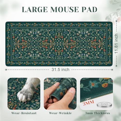 iCasso Aesthetic Floral Desk Mat, L Mouse Pads, Anti-Slip Retro Mousepad with Stitched Edges, Waterproof Computer Pad 11.8"x31.5", Desk Accessories Office Decor for Women(Deep Green) - color: Deep Green, size: 31.5L x 11.8W inches
