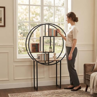 OFFICEROO Round Bookshelf 4ft – Circle Bookcase & Display Shelf for Collectibles, Tall Book Shelf for Living Room, Lego Shelf Display, Small Bookshelf & Action Figure Shelf