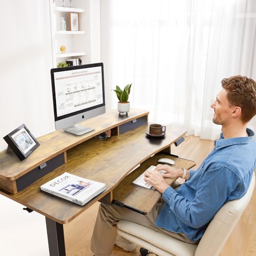 HUANUO 48" x 26" Electric Standing Desk with 2 Drawers & 26.7" Large Keyboard Tray, C-Clamp Mount Compatible, Adjustable Computer Desk for Home Office, Stand Up Desk with 4 Height Presets, Vintage - color: Vintage Brown, size: 48" x 26"