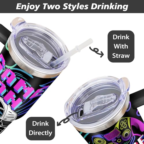 Game Tumbler with Lid and Straw, 40oz Gamer Water Bottle Cup with Handle, Gaming Travel Coffee Mugs, Birthday Gifts for Gamer Men Boys - color: Game 03, size: 40 Ounces