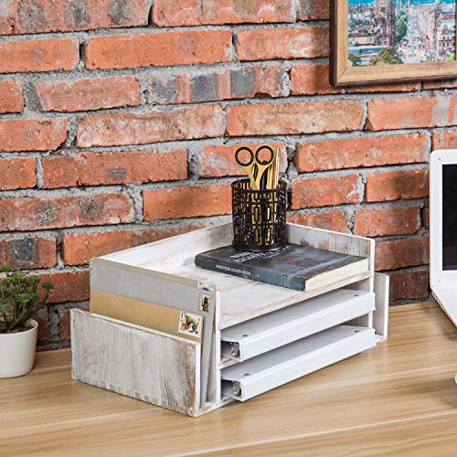 MyGift 3-Tier Desk Organizer & File Tray, Wood Letter Holder for Office, Farmhouse White Wood Desktop Document Organizer with Paper Storage - color: Whitewashed