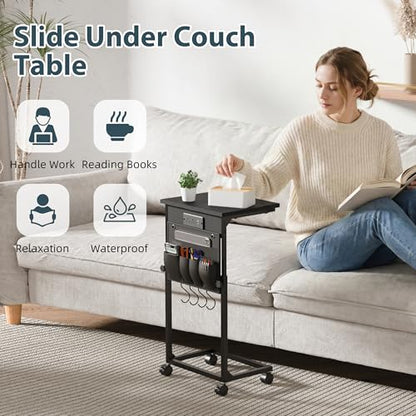 Adjustable Height Couch Table with USB-C Charging Station & Pocket Storage – Compact Couch Stand with Hooks & Wheels for Small Spaces & Living Room, Adjustable C Table (Black) - color: Black