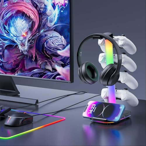 Controller Holder 5 Tier Headphone Stand Gaming Headset Holder RGB PC Gaming Accessories for Desk, Cool LED Headset Stand with 2 Type-C Outport, 1 USB Charger for Gamer, Black - size: 5-tier