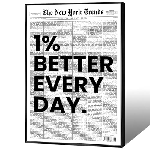 Black Framed Retro Black And White New York Newspaper Canvas Posters 1% Better Every Day Wall Art Positive Affirmations Quote Prints Painting For Living Room Bedroom Wall Decor 16x24in - color: Multi 03, size: 16"L x 24"W, style: Black Framed