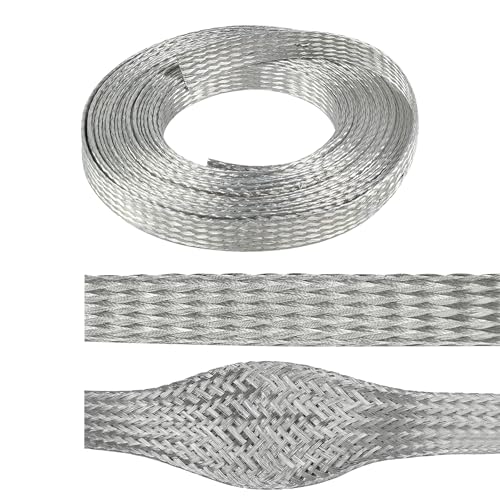 1/2" Wide Tinned Copper Braided Metal Wire Shielding Sleeve Ground Strap Automotive Flat Mesh Flexible Expandable Sheath (12mm ID-42ft) - size: 1/2 in Wide(0.32 in Dia)-42ft