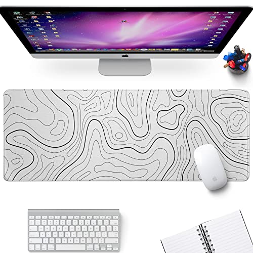 White Big Mousepad for Gaming Large Topographic Map Washable Desk Pad with Stitched Edge Office Supplies and Decor 31.5''x11.8'' Computer Keyboard Protector - color: Topographic Map White