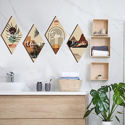 FairySandy 4 Pcs Boho Bathroom Wall Decor 11.8 x 6.69 Inch Bohemian Restroom Wall Art Bathroom Rustic Decoration Farmhouse Minimalist Relax Soak Unwind Breathe Sign for Bedroom Living Room(Boho) - style: Boho