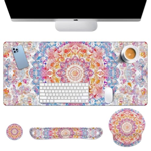 Arttown Boho Flower Floral Desk Mat Ornate Colorful Mouse Pad Set 4 in 1 Vintage Ergonomic Design Large Desk Pad + Keyboard Wrist Rest + Mouse Wrist Rest + Coaster Suitable for Home Office Study Game - color: Colorful Boho Floral