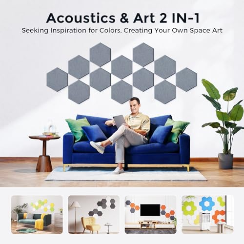 Self-Adhesive Acoustic Panels [390 lbs/yd³ Ultra-High Density], 2nd Generation Sound Absorbing Panel, Professional Level Sound Panel, Polyester Soundproof Foam [Medium Hexagon, Moon Grey] - color: Moon Grey, size: Medium Hexagon (12''x10''x0.4'')