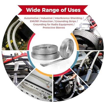 Tinned Copper Braid Wire Shielding Ground Strap Metal Cable Sleeve Expandable Flexible Flat Mesh (1/2 in Wide(0.32 in Dia)-115ft) - size: 1/2 in Wide(0.32 in Dia)-115ft