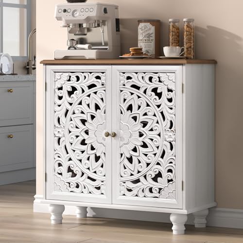 Jiansu furni Accent Cabinet with Carved Doors,Sideboard Buffet Cabinet with Storage - color: White & Walnut_2 Doors