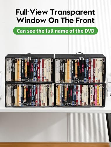 4-Pack DVD Storage Box, Stackable DVD Case Holder Organizer with Front Zippered Clear Window, CD Holder for CD, Blu-ray, VHS, Video Games, and Movie Collection, Holds 100+ Cases