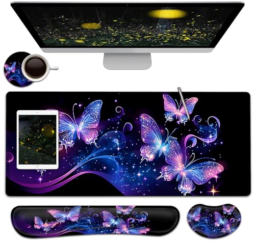Large Mouse Pad + Keyboard Wrist Rest Set, Extended Gaming Mousepad (31.5X11.8 inch) with Non-Slip Rubber, Ergonomics Memory Foam Mouse Wrist Rest Support, Fantastic Butterfly Black XXL Desk Pad - color: Yu-Mouse Pad-3-B36