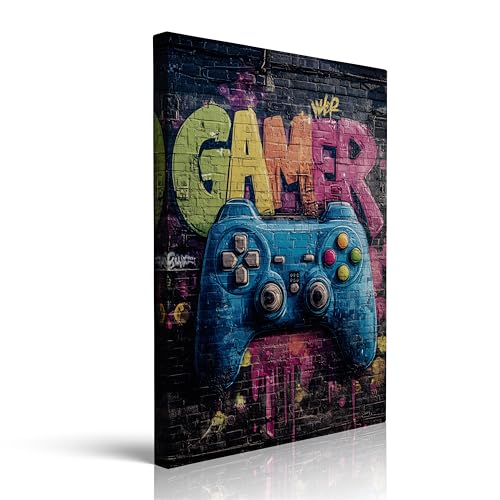 Canvas Wall Art Framed Gamer Graffiti Mural Urban Street Art Vibrant Colorful Cool Fun Pop Art Textured Modern Retro Wall Decor for Game Room Man Cave Boys Room Video Game Room Decor 16x24 Inches - color: gamepad, size: 24"L x 16"W