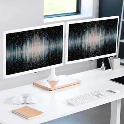 VIVO Freestanding Dual Monitor Stand with Solid Wood Base and Adjustable Arms, Mounts 2 Screens up to 32 inch and 22 lbs Each, White, STAND-V002FD-W - color: White/Wood, size: 13" to 32" Screens