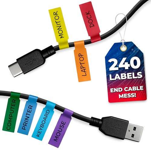 240 PCS Cable Labels for Cords in 8 Colors - Self-Adhesive Wire Labels Tags for Cable Management | Cord Label Set for Chargers and Routers and Electronics, Wire Tags for Desk Cords and Power Adapters