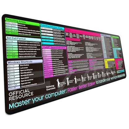 Excel Shortcut Keys Mouse Pad|Excel Cheat Sheet Desk Pad - Large XL Cheat Sheet Gaming Mouse pad | PC Office Spreadsheet Keyboard Mat | Non-Slip Stitched Edge (Black)