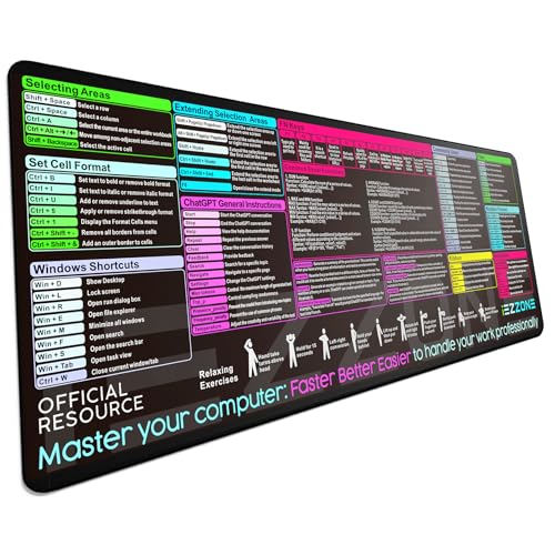 Excel Shortcut Keys Mouse Pad|Excel Cheat Sheet Desk Pad - Large XL Cheat Sheet Gaming Mouse pad | PC Office Spreadsheet Keyboard Mat | Non-Slip Stitched Edge (Black)