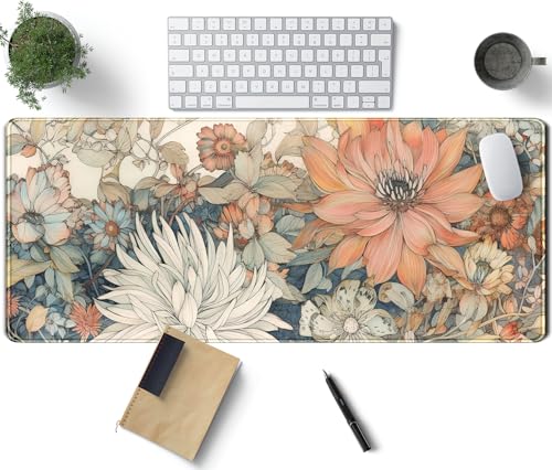 Japanese Minimalist Floral Desk Mat Aesthetic Flowers XL Large Extended Gaming Mouse Pad with Stitched Edges, Big Laptop Computer Keyboard and Mouse Mat for Girl Women Office Decor 31.5x11.8 in - color: Pastel Minimalist Floral