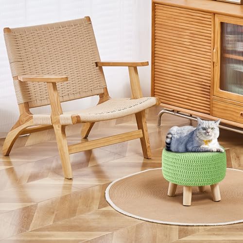 Wimarsbon Pouf Ottoman, 100% Cotton Knitted Boho Footstool, Round Footrest with Non-Skid Wood Legs, Home Décor Handmade Pouffe, Leisure Floor Step Stool for Living Room (Matcha) - color: Matcha