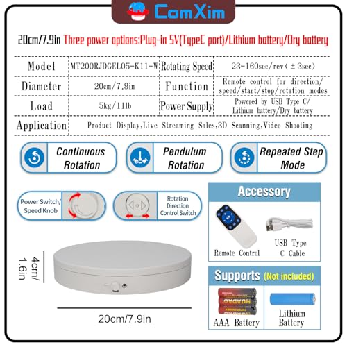 Motorized Rotating Display Stand with Remote, 7.87in 360 Electric Turntable for Display,Photography,3D Scanner Models, Motorized Lazy Susan and Photography Turntable Control Angle/Speed,Step/Swing/Continuous Rotation - size: 7.87inch/White/11Lbs Load