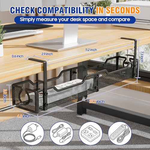 Upgraded 25.2'' Under Desk Cable Management Tray, No Drill Clamp-On Design Wire Organizer, Cable Organization Box for No Damage to Desk, Metal Cord Organizer for Home Office, Black - color: Black